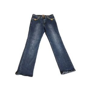 Y2k Elite Jeans Blue Flare Studded Distressed Stretch Denim‎ 13/14